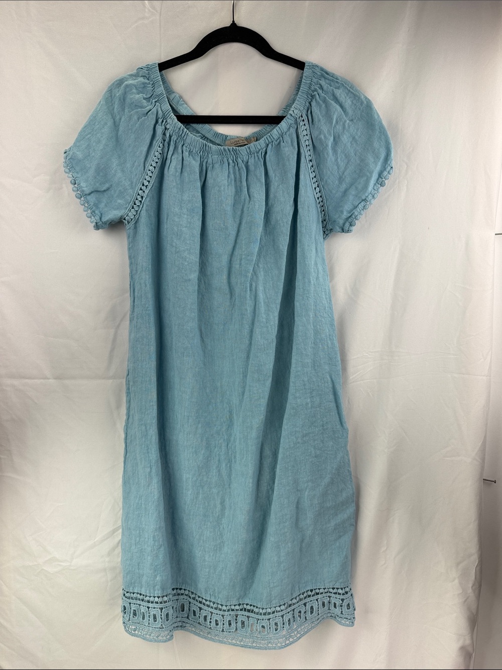 Luisa Perla Women’s Size L Light Blue Lace Trim Linen and Cotton Peasant Dress